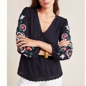 BOGO! Anthropologie Helene Embroidered Lace Top Black Floral Size Small